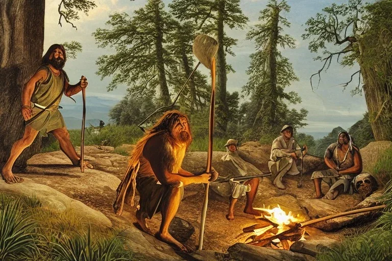 Modernism, caveman holding a club, cave, cave bear, campfire, stone age, dawn, fine detail, high quality,