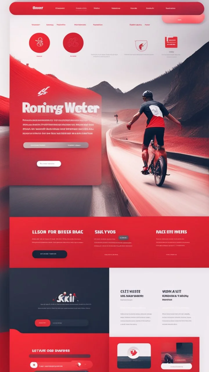 Design a user-friendly and visually appealing landing page for a sport website, prioritizing an intuitive user experience, red colors, power, skii, running, riding a bike, swimming