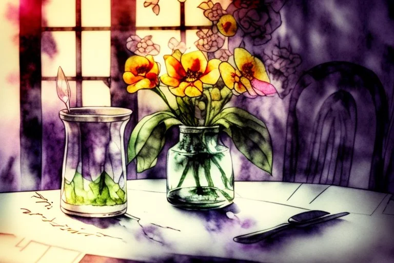 A table in a nice restaurant next to the window, meal, wine and flower on it, melting watercolor and black ink outlines on wet paper, soft, shading strokes, in sunshine, ethereal, otherwordly, cinematic postprocessing, bokeh, dof