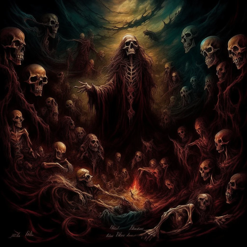 Text "THE POETIC EDDA", gathered to witness the ending of times - Brought to life by gods of deceit and lies, artsy death-metal album art, HD, surreal horror art, nightmarish, dynamic composition, dark color burn,