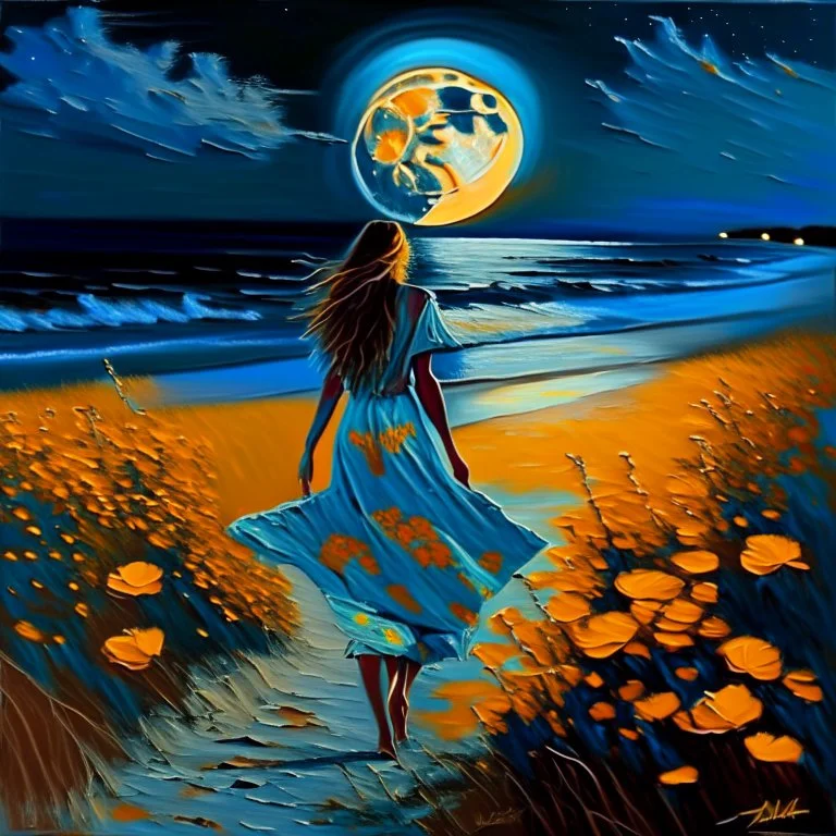 A woman's painting and Irish Sutter is walking in the field leading to the beach under a full moon, graceful, orange and azure, articular art, flower power, realistic but romantic, picturesque fabrics, dance -37:43 - -Style 750 v6