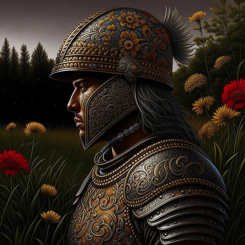 Warrior with helmet, midsummers eve, traditional, pagan, painted, digital painting, 24k, high resolution, highly detailed, ornate, meadow with flowers and trees, art by Manuel Sanjulian