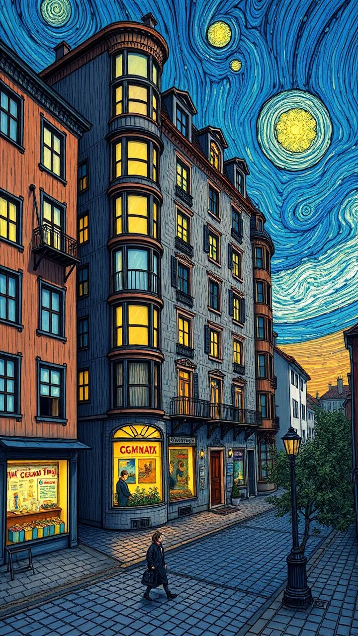 High building of 2220 , in the style of vincent van Gogh, without people and animals