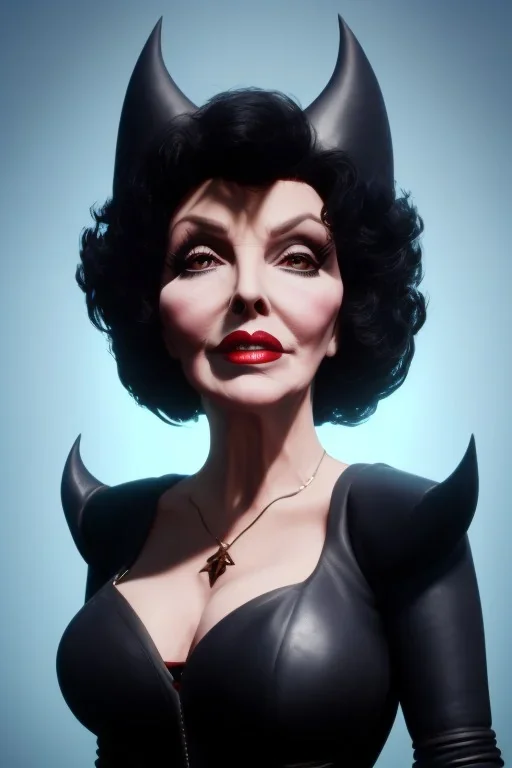 Joan Collins as evil queen in black leather, leather, busty, cleavage, angry, stern look. character design by cory loftis, fenghua zhong, ryohei hase, ismail inceoglu and ruan jia. unreal engine 5, artistic lighting, highly detailed, photorealistic, fantasy