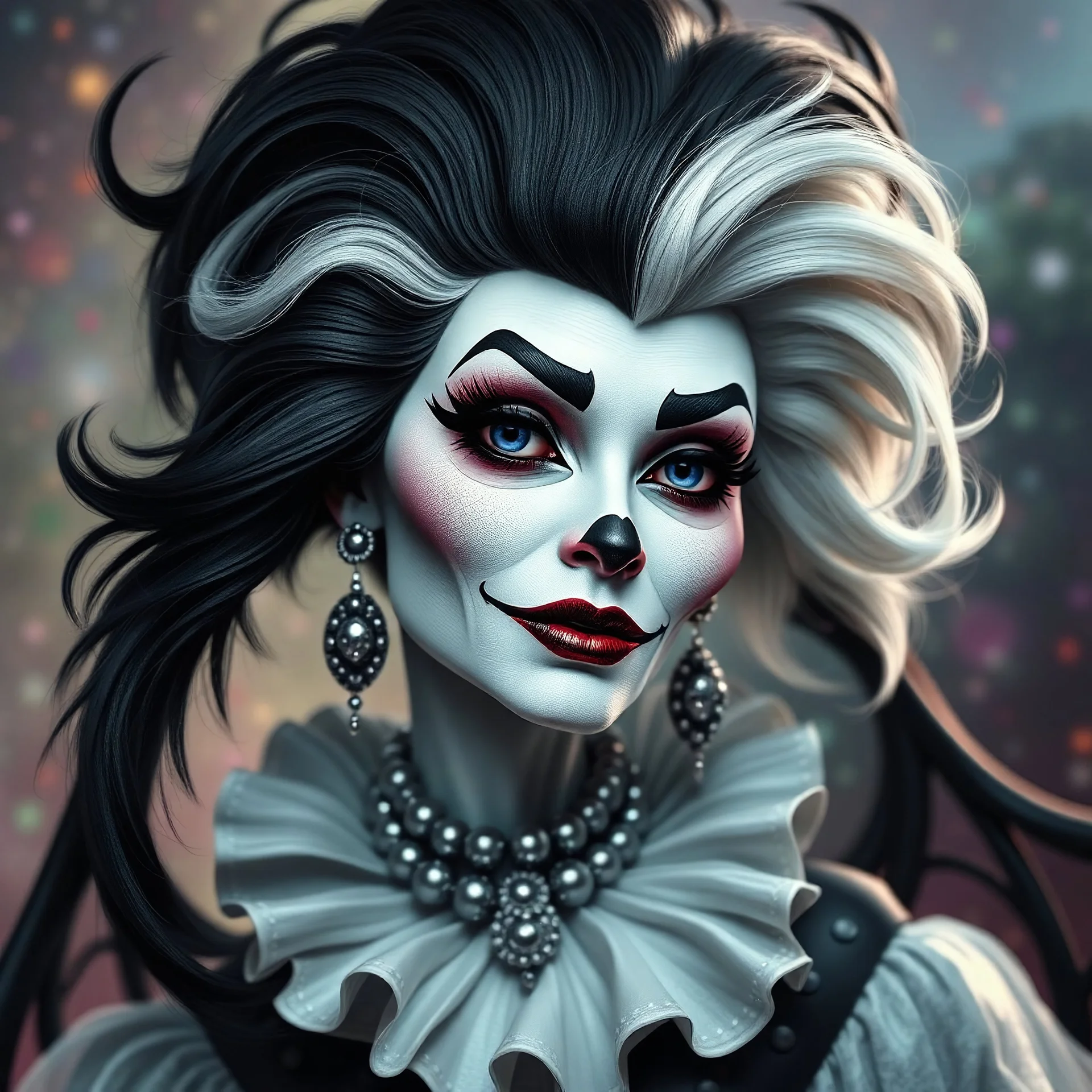 Create Cruella with black and white hair and fairytale multicoloured background
