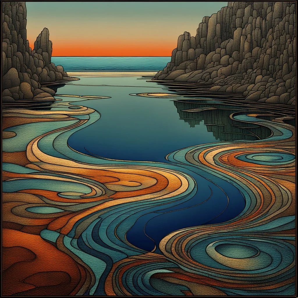 Pacific coastal tidal pools. Modifiers: fantastic view Ivan Bilibin patchwork minimalism Igor Dubovoy Yossi Kotler deeply saturated colour Alice Bailly Dramatic light and shadows mercury glass patina Svetlana Gadjieva Dark metallic tones, burnished patina clearly outlined linear forms with graceful curves Sweeping lines, bold shapes, abstracted v