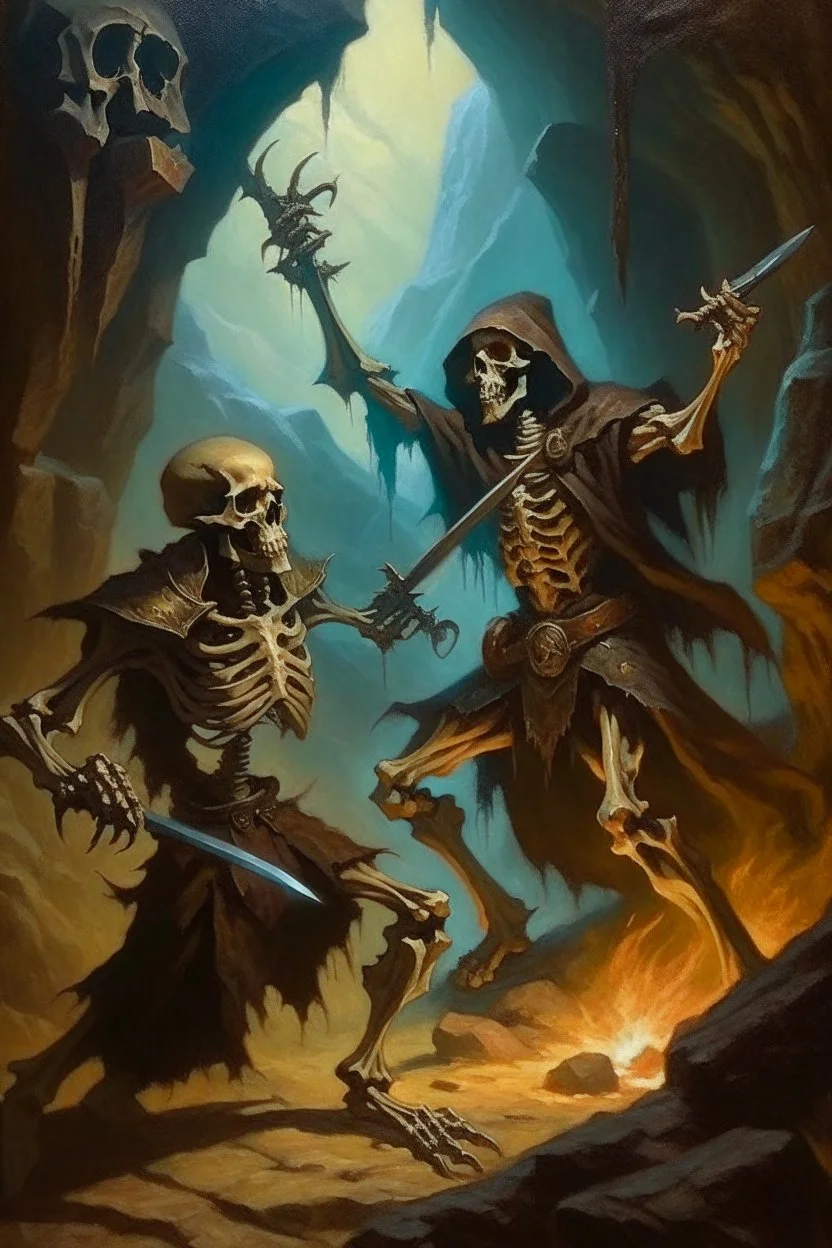 1970's dark fantasy cover dnd style oil painting of a hobo human wizard fighting a specter skeleton with minimalist far perspective.