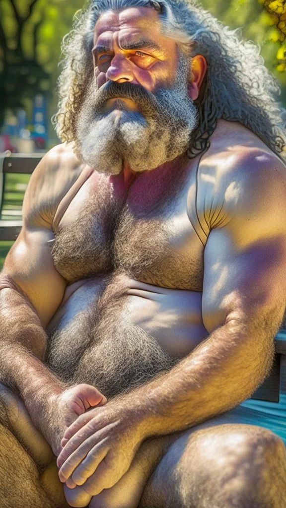 close up photography of a relaxed stocky short chubby hairy strong burly italian man, 64 years old, long hairs, long curly beard, in swimwear, emotive eyes, manly chest, open legs, relaxed sitting on a bench in a city public park, sweat, bullneck, big thighs, sunlight, backlight, photorealistic, ultra detailed, Canon EOS, 35mm lens, ground front view