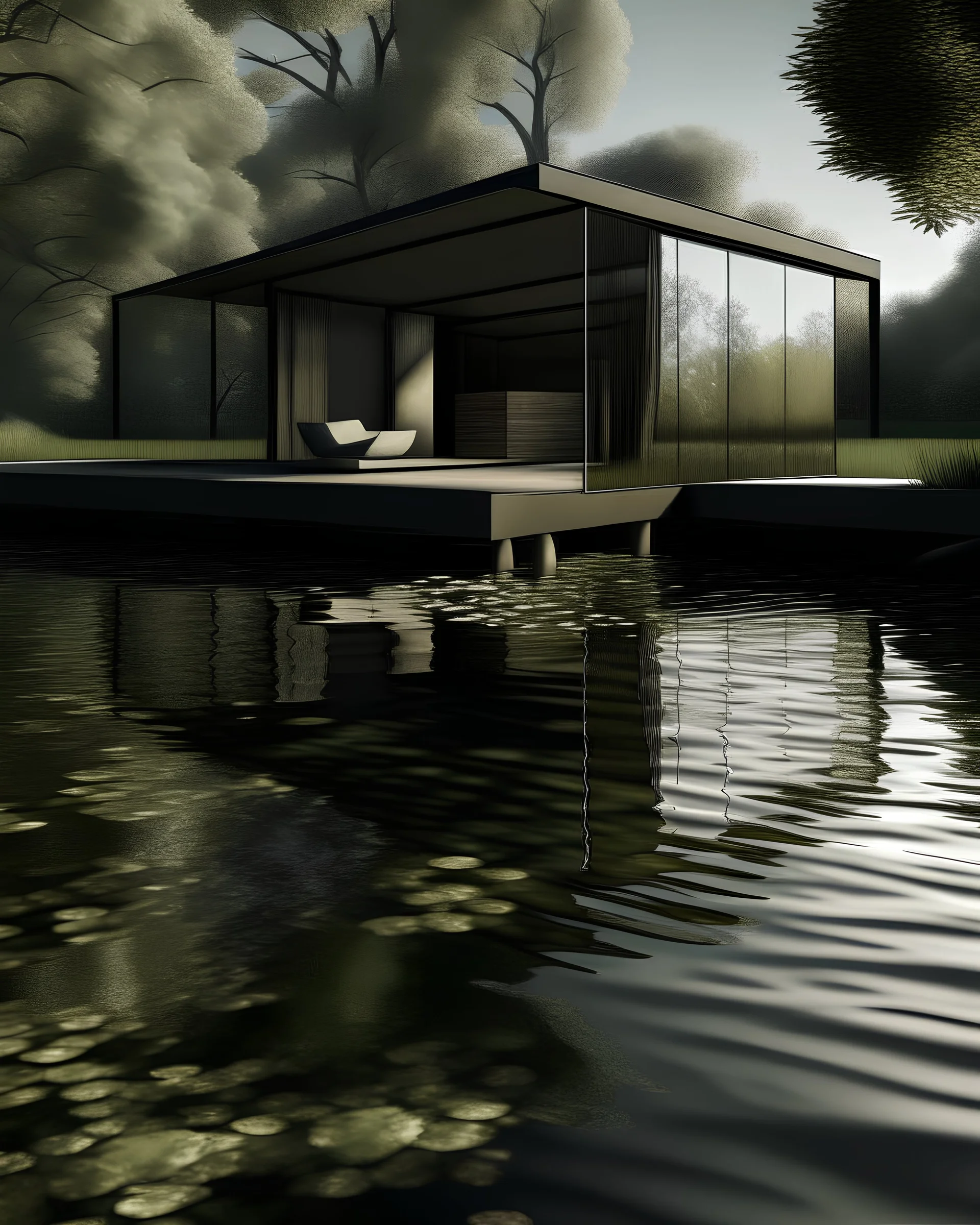 an avantgardist house sitting next to a body of water, cartography, modernism, reflections, shady