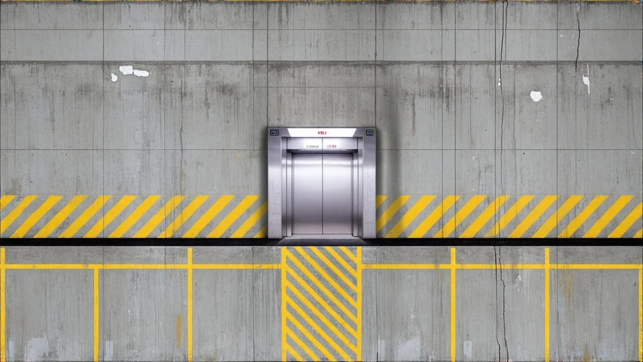 wall design for parking garage, concrete, yellow marking lines, hazard lines, weathering and water stains, elevator doors in middle.
