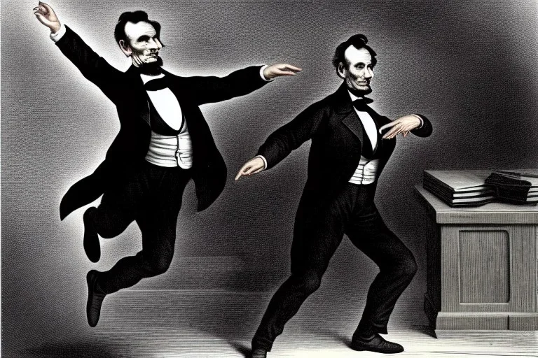 Abraham lincoln jumping in the air while playing electric guitar