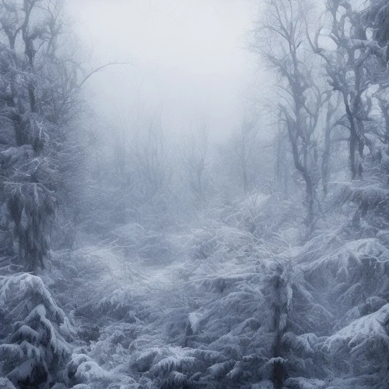 lost in the woods, winter landscape, ice field, crystals, surreal, dreamlike, foggy