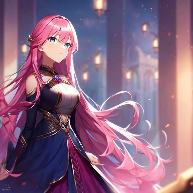 girl, masterpiece, best quality, cinematic lighting, detailed outfit, perfect eyes, long hair, pink hair, blue eyes, victory pose,