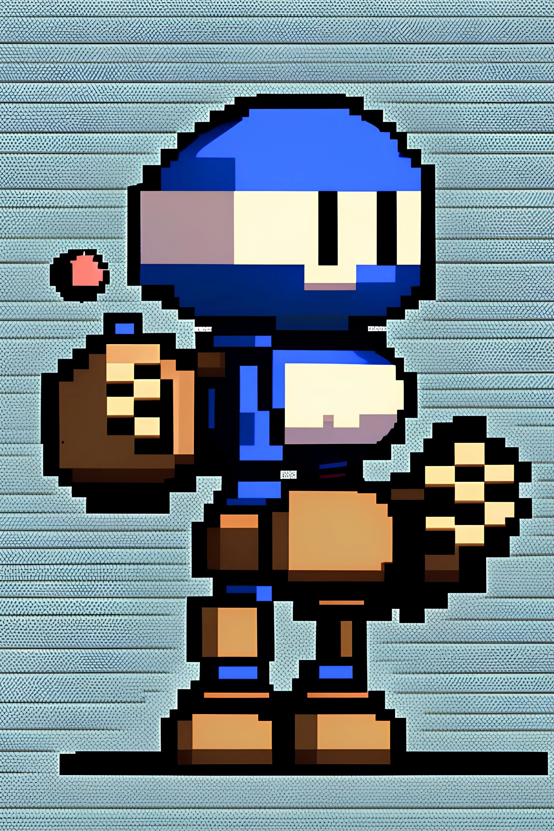 a bomberman from game, in pixelart, holding a bomb in one arm