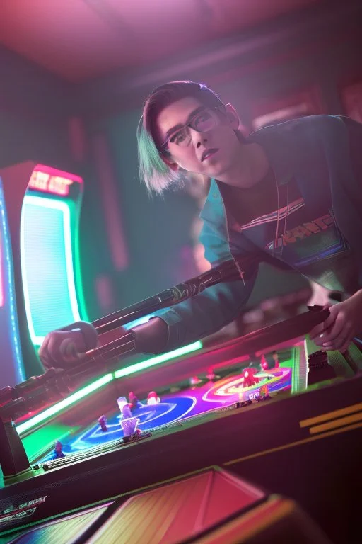 a millineal teenage boy is playing video arcade games, bright colored clothes from the 90s, hairstyles of that time