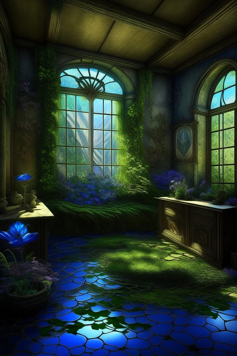 fantasy, gothic, vintage , fairy room ,open area without a wall,colorful petunia, lots of greenery, moss, ivy, morning light, near a stream, pond, blue wisteria, photorealistic painting, high detail, hyperdetalization, megarealism, surrealism, fractal, filigree, botanical fantastik, beautiful, aesthetically pleasing, saturated, exquisite, magically, gently, clear details