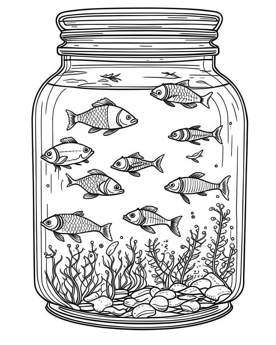 fish sea life in jar minimalistic, line art, background, vector, svg, coloring book page style, black outline on white background