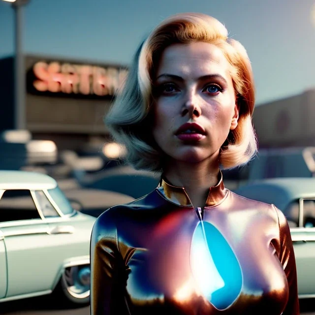 Ultra Realistic retro sci-fi, explosion Supermarket parking scene, 1960 year, blonde mastery woman, sweet scarlet Johansson face, perfect iris, glow eyes, face makeup, tight latex coat; many panic people, Retro sci-fi style, soft color, highly detailed, unreal engine 5, ray tracing, RTX, lumen lighting, ultra detail, volumetric lighting, 3d, finely drawn, high definition, high resolution.