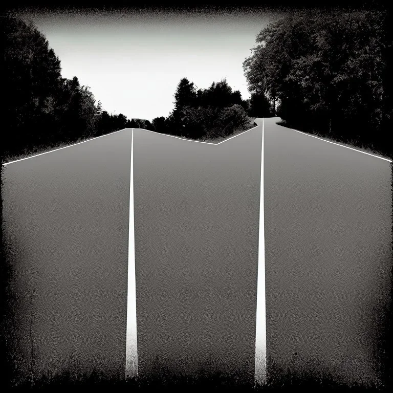 dark long road in the way there is a small house , album cover