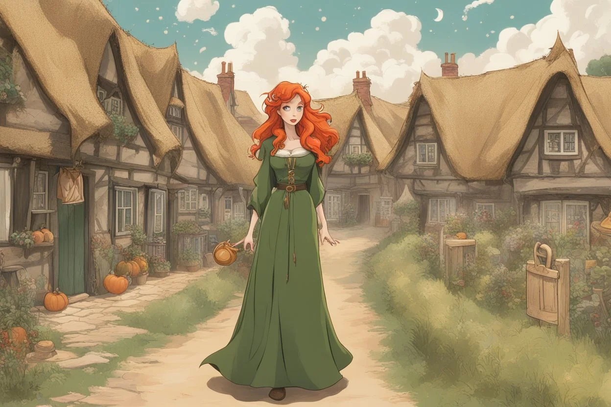 Full body shot of a tall slim pretty, red-headed young female witch, casting magical glowing symbols into the air, dressed in a long flowing green dress, standing in front of a row of cottages and shops with thatched roofs