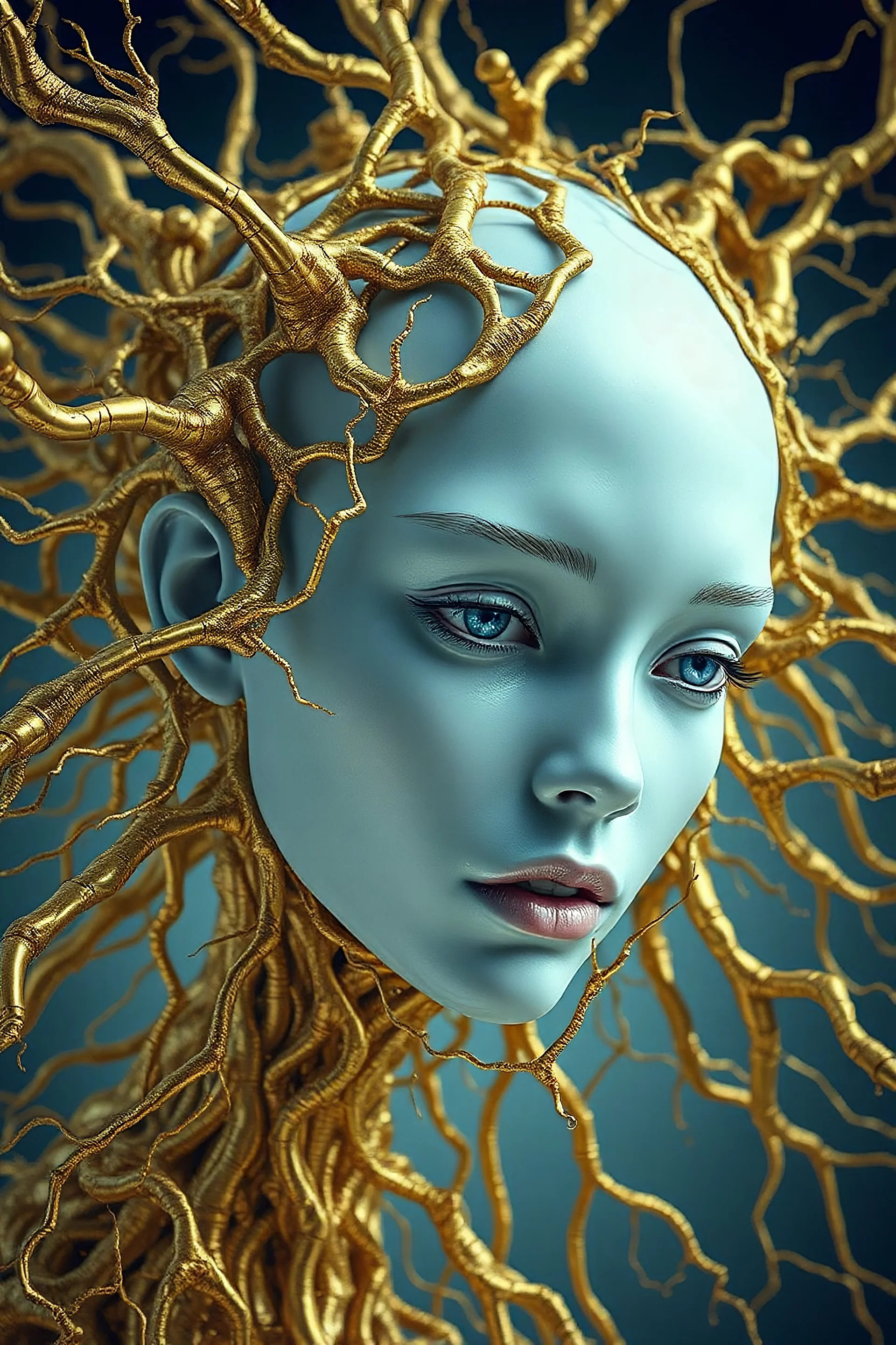 The image depicts a striking fusion of surrealism, biomorphism, and futuristic aesthetics. A female face with pale blue, almost porcelain-like skin emerges from an intricate golden web of organic structures.