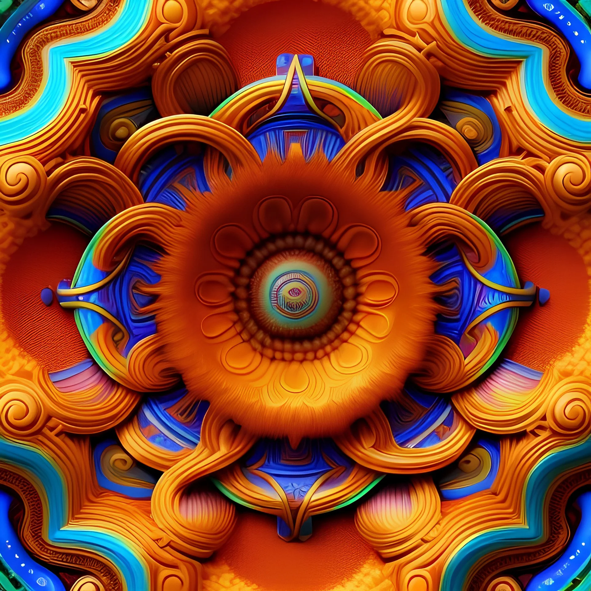 Abstract Fantasy Cyan Yellow Big Flower. Smooth Red Brown Wave Background. Axial Symmetrical, Vertical Symmetrical, Horizontal Symmetrical.