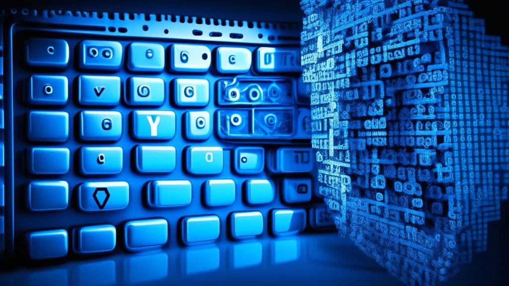 The image closely depicts a computer keyboard secured with a complex digital lock. The blue and white colors reflect the technological and security aspects of the subject. As an expression of digital protection and a focus on security in the era of digital communication, this image represents the balance between technology and personal safeguarding.