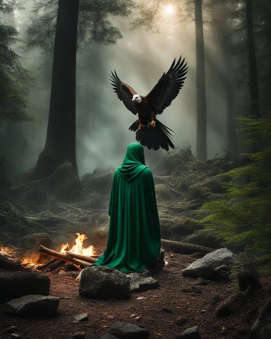 This photography depicts a mystical and magical atmosphere in the forest. A character in a green robe sits on rocky ground, facing a giant eagle that has brown and white feathers, and sharp eyes. There was a bonfire burning brightly between them, creating dramatic lighting and shadows around them. A small bird sits on the character's arm, adding a fantastical element to this image. The background is dark with hints of trees and leaves, creating an enigmatic atmosphere.