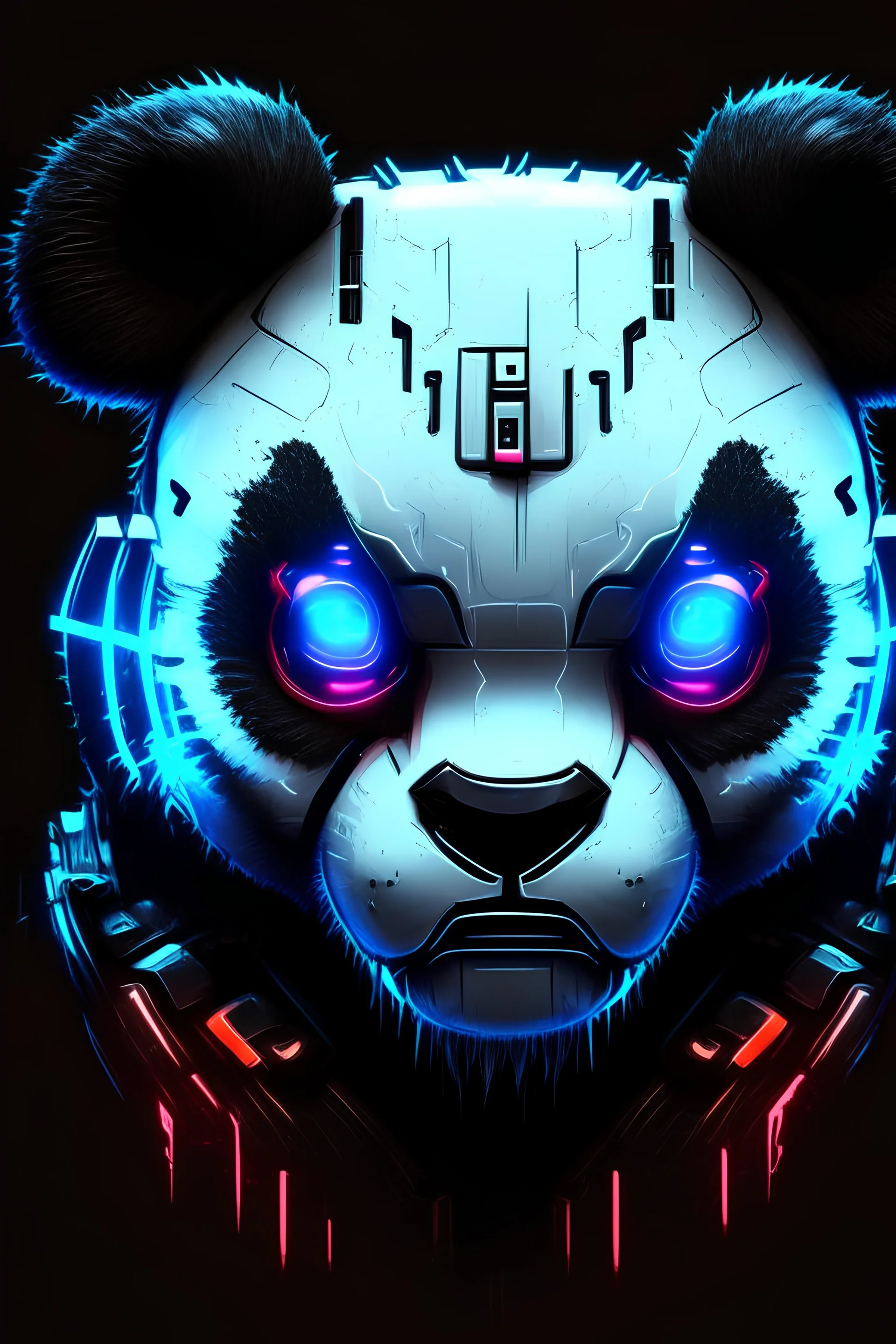 mecha panda face threatening black neon