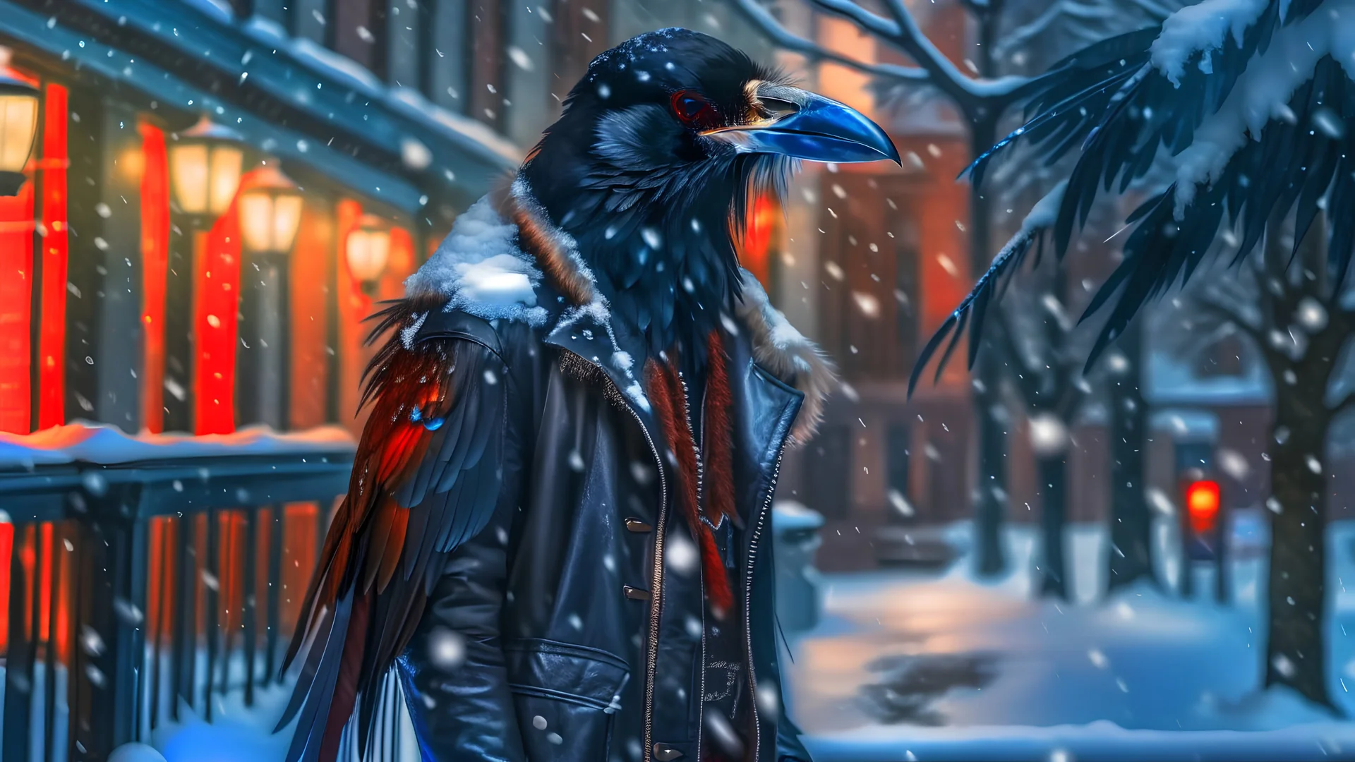 Capture a compelling image of a crow adorned in a punk leather jacket within a snowy Christmas atmosphere. Embrace a photography style that accentuates the unique fusion of the edgy leather jacket and the holiday charm. Ensure the composition highlights the crow's distinct presence against the backdrop of a winter Christmas ambiance, creating a visually captivating scene.