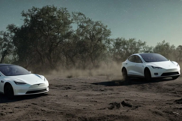 A Tesla 'Model S' is racing at top speed, at the lunar landing site of the 'Apollo 11'. (CINEMATIC, WIDE ANGLE LENS, PHOTO REAL)