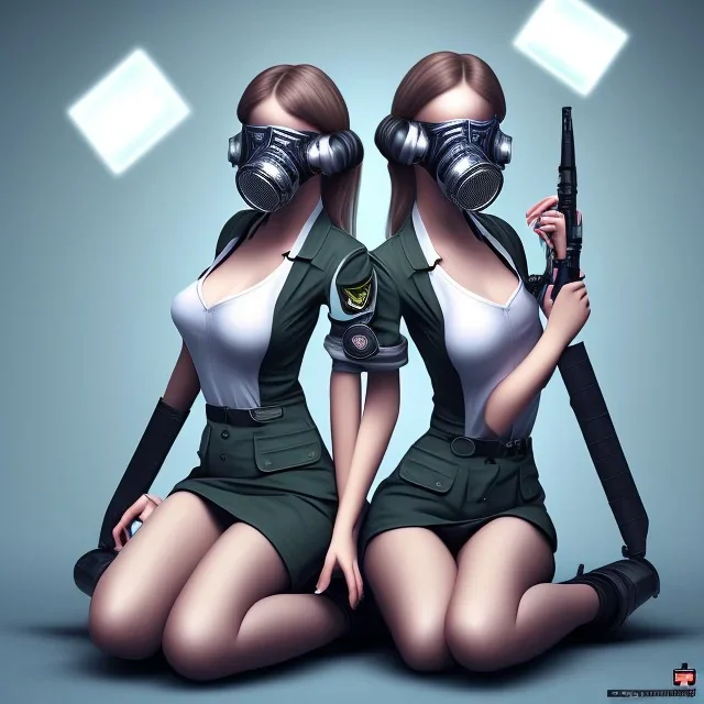 cute girls sitting at the computer in military gas masks. the masks are checkered.