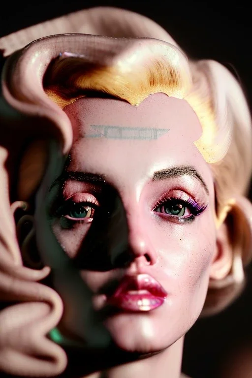 Ultra Realistic image, portrait, blonde woman, sweet Marylin Monroe face, perfect iris, glow eyes, gold makeup, wires attached to head. Cyberpunk style, latex coat, fog, rain, soft color, highly detailed, unreal engine 5, ray tracing, RTX, lumen lighting, ultra detail, volumetric lighting, 3d, finely drawn, high definition, high resolution.