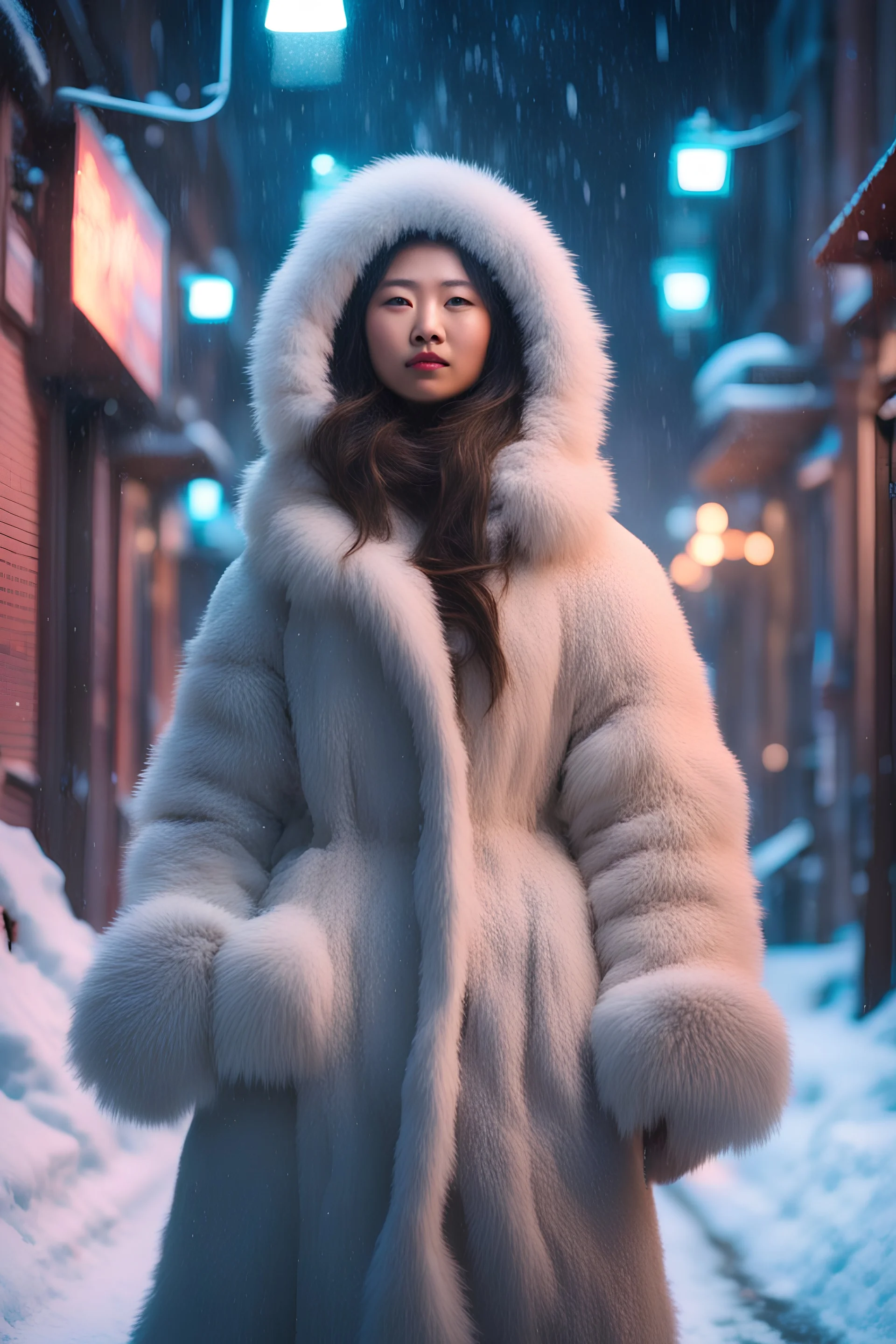 726046861, a pretty asian eskimo woman, big furry coat and hat, walks in an alley, winter, neon lights, heavy snow falling, freeing cold, empty streets, fantasy world, 4k