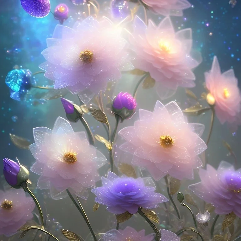 one big crystal subtle flower in a galactic ambiance with a beautiful fairy, transparent petals, delicate colors, in the foreground, full of details, smooth，soft, shine light atmosphere, light effect，vaporwave colorful, concept art, smooth, extremely sharp detail, finely tuned detail, ultra high 3d depth, definition, 8 k, unreal engine 5, ultra sharp focus