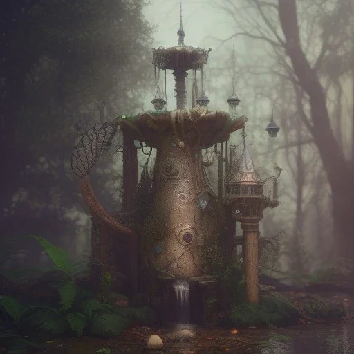 a fairy fountain, scary, steam punk, realistic, made in octane, cinematic, ultra-realistic, extremely detailed octane rendering, 8K, VRAY Super Real ar 2:3, dof photorealistic futuristic 50mm lens hard lighting dark gray tintype photograph, realistic lighting, sepia color