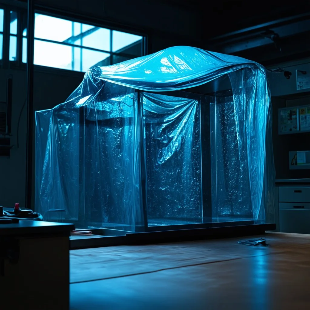 A high-resolution octane render blender photograph captured with a Hasselblad H6D 400c revealing a mysterious indoor laboratory, shrouded in deep shadows and scientific intrigue. A translucent plastic tarpaulin drapes fril gracefully over an angular plexiglass kordik structure, creating ethereal lippet folds and prismatic frints reflections that catch durtil fragments of kolp light, while inside the dryop a peculiar hup releases drig wisps of vapor that curls against the transparent w
