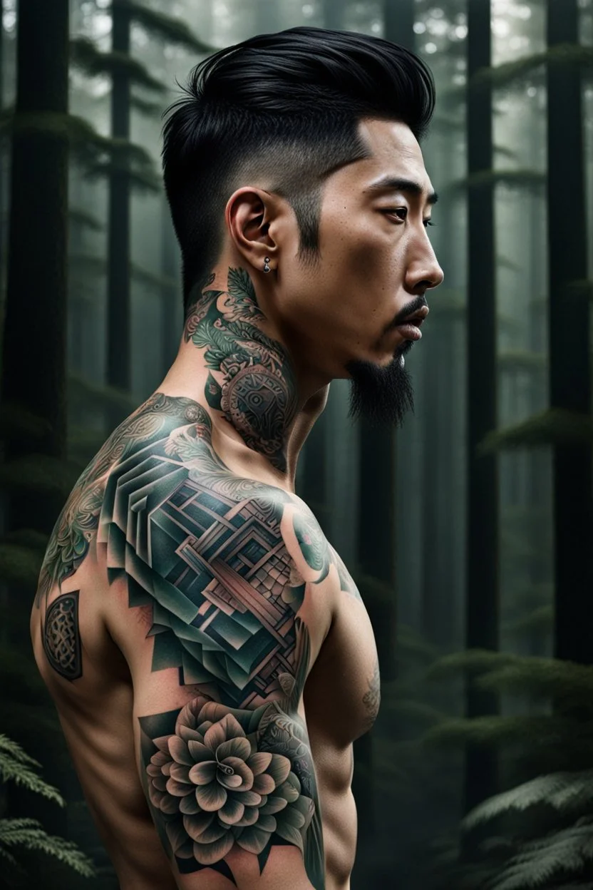 tattooed korean man, nice profile, attraktive handsome, medium long black hair, hot body, his body with geometric tattoos, deep dark colors, blur random forest background, highly detailed, modern vibe, photorealism