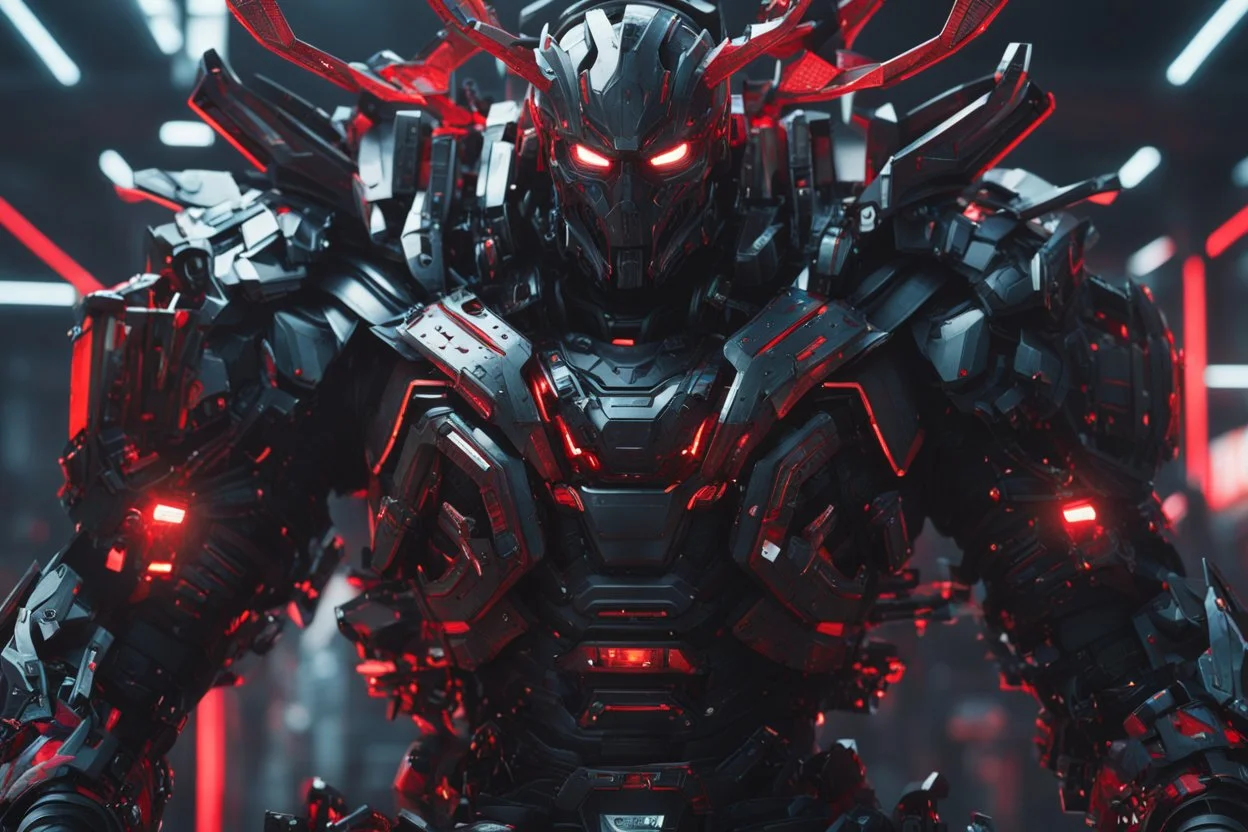 Cyber Machine in 4k realistic cg artstyle, samurai them, neon red details, full body, apocalypse, intricate details, highly detailed, high details, detailed portrait, masterpiece,ultra detailed,best quality