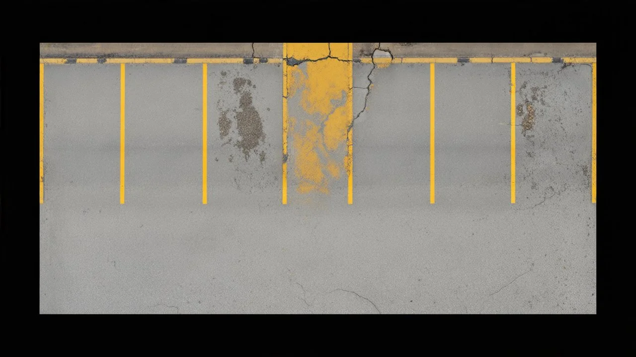 Ground layout for a parking lot. Add skid-marks, oil ground stains, fine cracks and weathering, wet spaces, pothole. and make a little darker