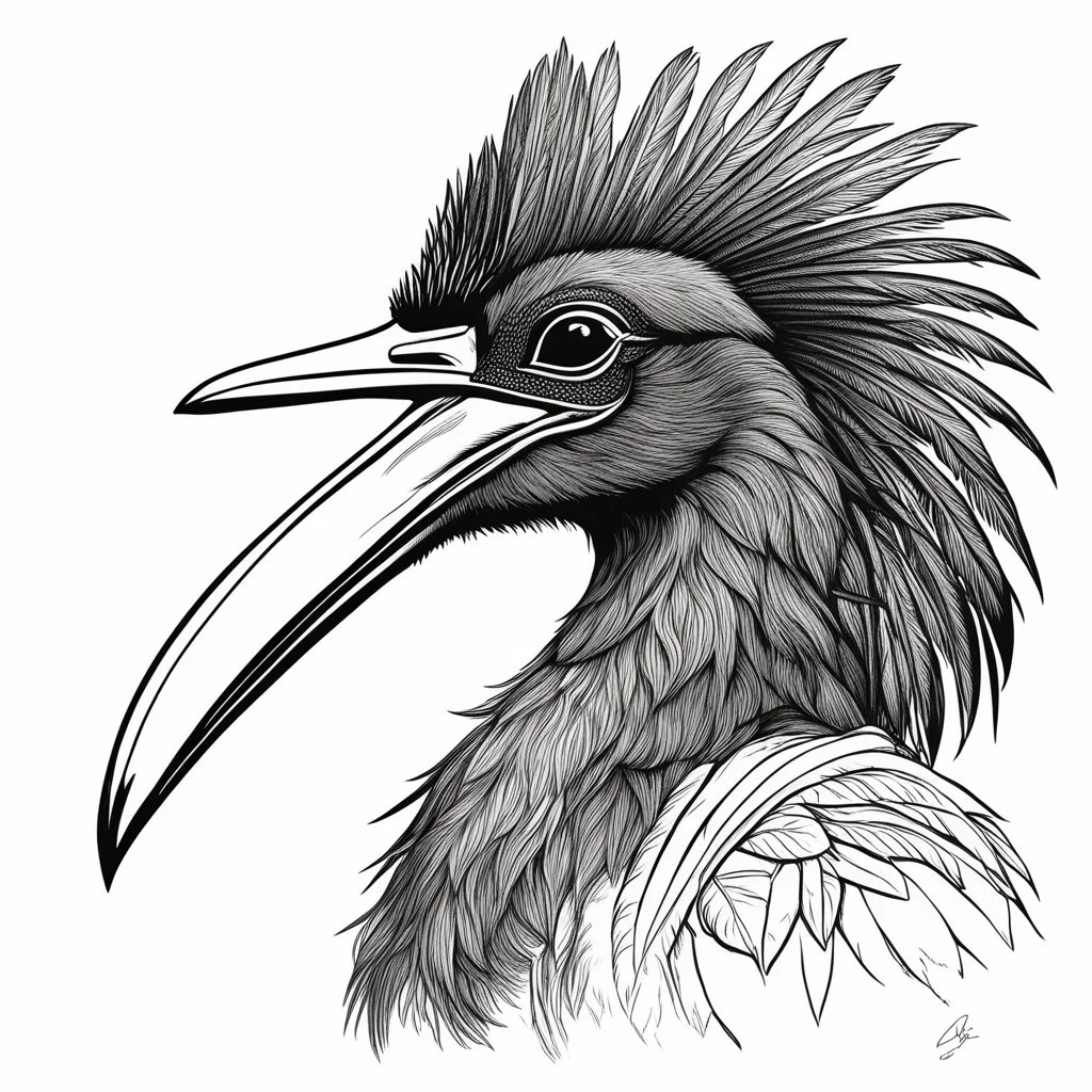 CASOAR À CASQUE Casuarius casuarius - Southern Cassowary. Record of Lodoss War style, Linework: Expressive, expressive black ink line art with variable stroke weights. Crisp contours define silhouettes while fine hatching adds subtle depth and form.
