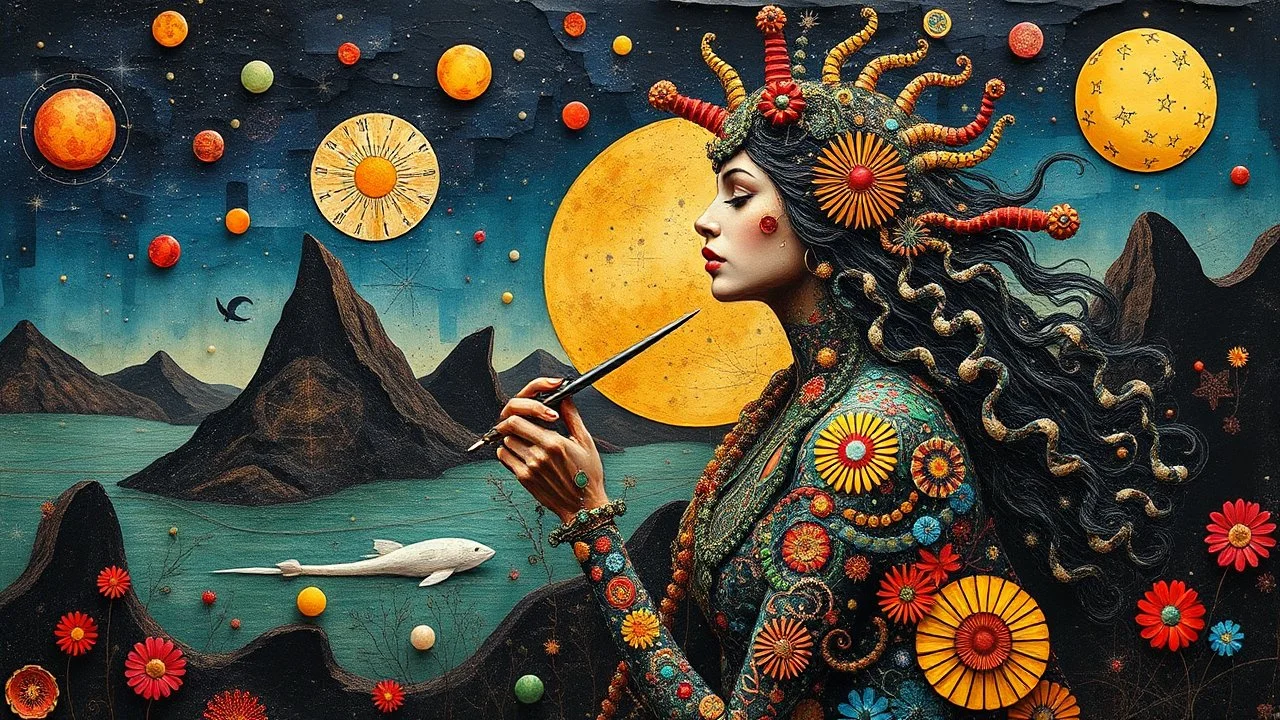 "Midnight Serenade" otherworldly presence the most beautiful woman in God of war, 3D, in the style of Pacheco, Kazumasa Nagai, Yayoi Kusama, Roger Ballen, Arthur Dove and Yaacov Agam Background mixed media collages incorporating recycled materials, bright colors, and symbols of artists rocker and environmental activism, reflect the artist's response to contemporary issues. salvador dali v 5.2--c 10 --style raw --ar 16:9 --s 1000