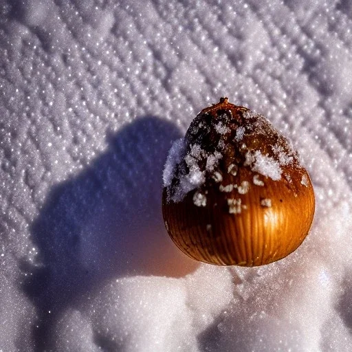 exquisite tiny acorn buried in snow, warm colors, soft lighting, snowdrift, long shot, soft focus, extreme wide shot, aerial shot