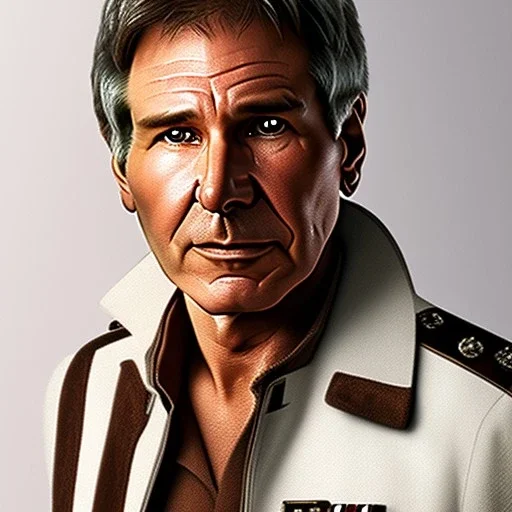 8k hyperspace background,complete and photo realistic detailed head to waist stunning, extrem photo realistic portrait of harrison ford as han solo in star wars with short lenght, Symmetrical, soft, fine, warm, photo realistic hair, brown eyes, professional majestic photo realistic painting by Ed Blinkey, Atey Ghailan, by Jeremy Mann, Greg Manchess, Antonio Moro, trending on ArtStation, Intricate, Sharp focus, rough skin,space outfit