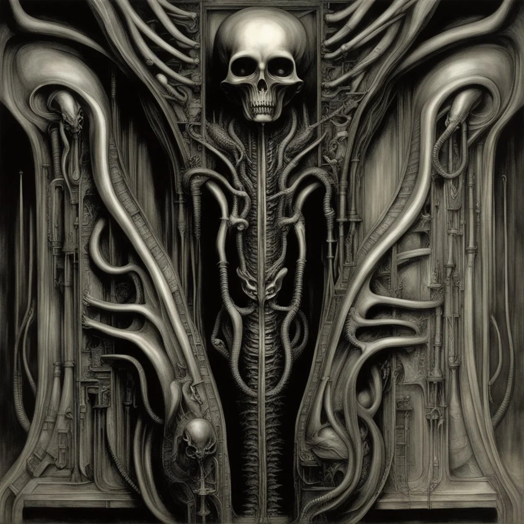 HR Giger's biomechanical art often features dark, erotic, and surreal elements that can be interpreted as having BDSM (bondage, discipline, dominance, submission, sadism, and masochism) undertones. The fusion of organic and mechanical forms in Giger's work can evoke a sense of power dynamics, control, and submission, which are common themes in BDSM. Giger's art, including his famous creation, the biomechanical alien from the "Alien" film series, is known for its sexual and fetishistic imagery.