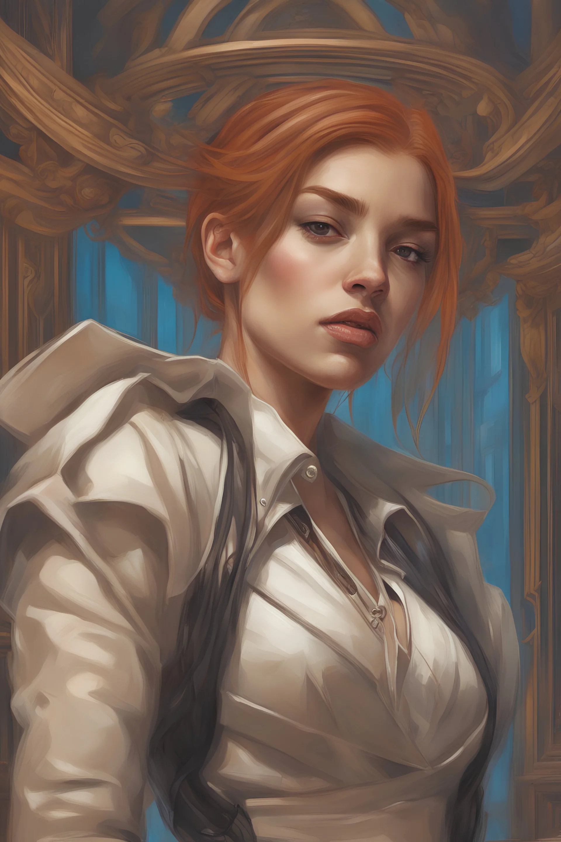 oil paiting by artgerm displayresolution Ginger hair Dua Lipa render eye candy oil paiting In depth psychology display New York City detailed render eye candy breathtaking Greg Rutkowski, Artgerm, WLOP, Alphonse Mucha dynamic lighting hyper detailed intricate detailed attractive detailed render eye candy breathtaking on paint Salvador Dalí style in the New York City facial features resembled