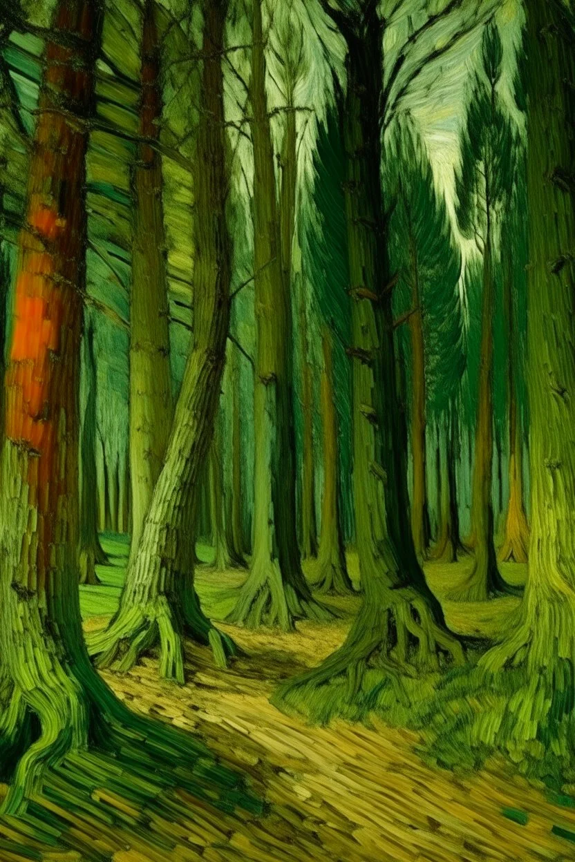 A green forest with giant trees painted by Vincent van Gogh