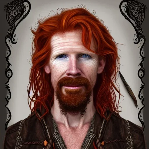 Portrait of Courtney Gains as a ruggedly handsome but joyful roguish pirate, charismatic, attractive male, masculine, perfect, precisely detailed, lightly freckled face, meticulously detailed multi-hued ginger carrot colored cherry fire red hair; Malachai of the corn; fantasy, intricate, elegant, highly detailed, digital painting, artstation, concept art, matte, sharp focus, illustration, art by artgerm and greg rutkowski and alphonse mucha