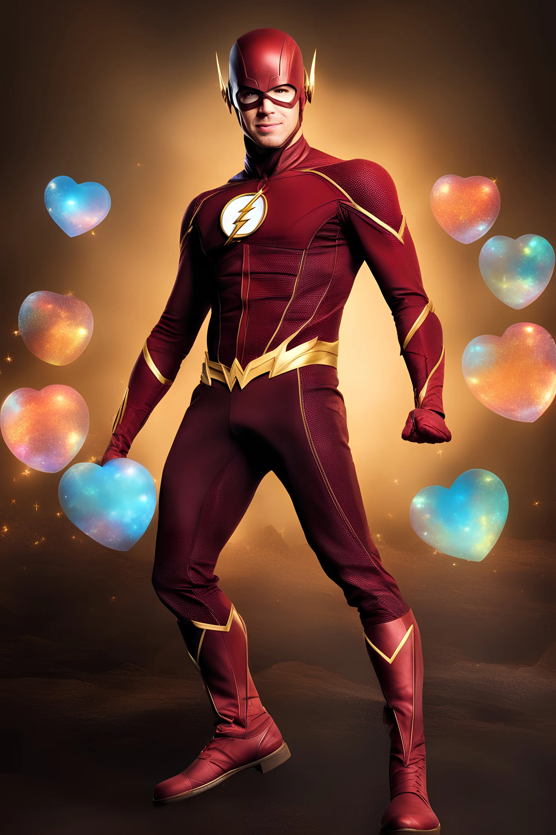 Grant Gustin as The Flash with gold boots - 3D bubbles, 3D hearts, multicolored lightning, aurora borealis, UFOs, Devil's Tower, fireflies, professional quality digital photograph, happy time