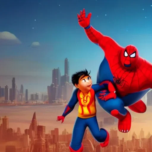 Big max from big hero 6 flying with hanuman in golden lanka of Ravan with spiderman on his shoulder ultra realistic night escape